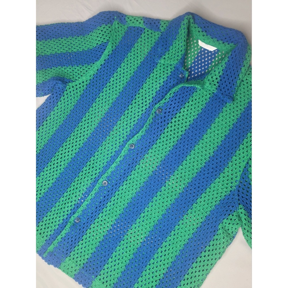Zara Crochet Knit Shirt Mens M Blue Green Stripe Button Up Retro Unisex
